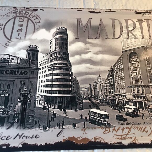 Metal Sign Madrid Spain Postcard Plaza Del Callo 1930 Tin Art 10.5x7” - Picture 4 of 10